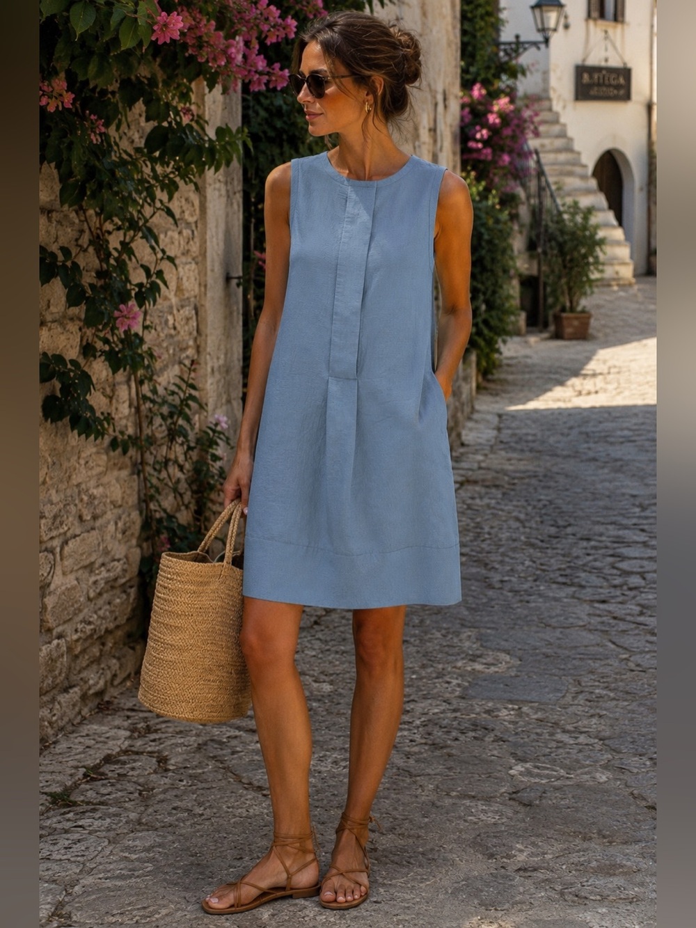 ’S Max Mara Cotton Bamboo Silk Sleeveless Shift Dress 10 Made in Italy Euro Chic